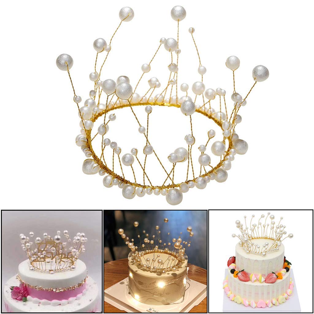 Happy Birthday Cake Topper White Pearl Crown Cake Decorations for Wedding  Birthday Party Decoration Party Decorations