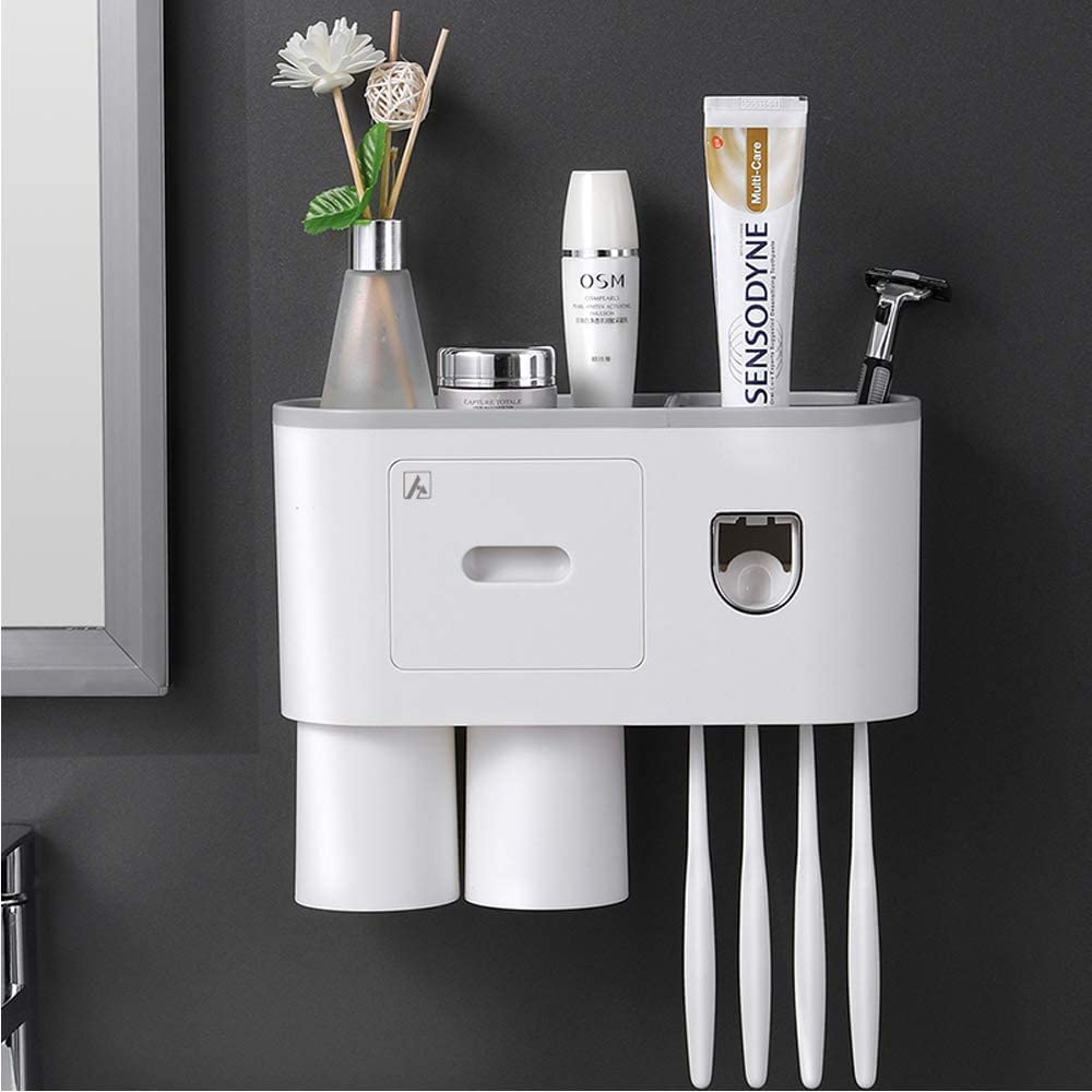 Toothbrush Holders for Bathrooms, 3 Cups Toothbrush Holder Wall Mounted  with Toothpaste Dispenser - Large Capacity Tray, Cosmetic Drawer - Bathroom  Organizer & Bathroom Organization and Storage, Black